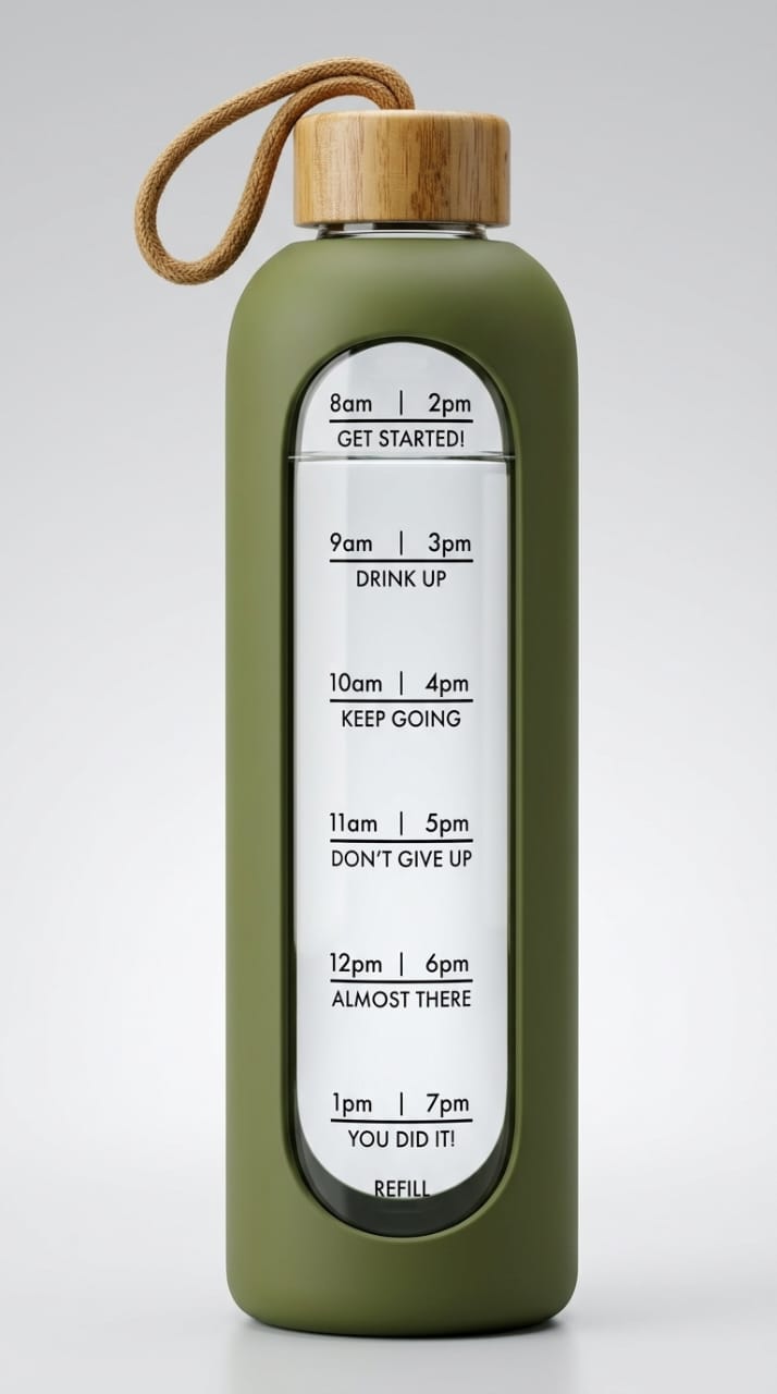 Motivational Glass Water Bottle with Hourly Time Markers—32 Oz Borosilicate Glass, Leak Proof, Eco-Friendly, Impact Resistant, Dishwasher Safe—Daily Drink Reminder with Inspirational Quotes