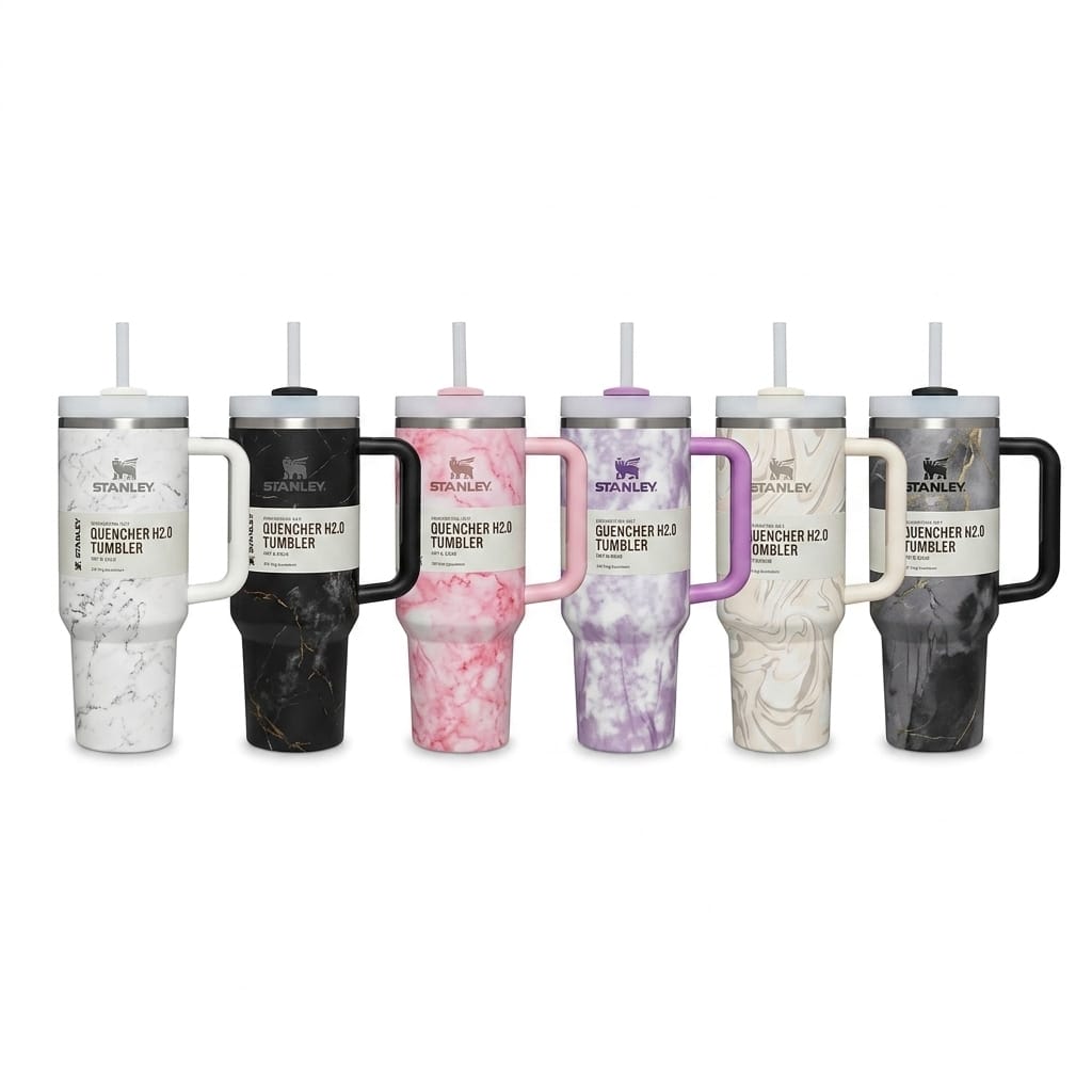 Marble Stainless Steel Insulated Tumbler with Handle & Straw | Vacuum Travel Mug | Hot & Cold | 1200ml