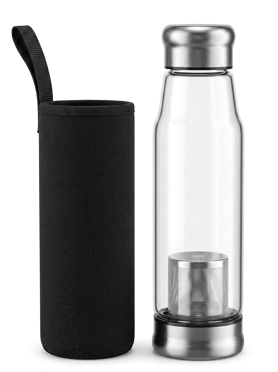 Borosilicate Glass Tea Infuser Bottle, 500 ml, with Stainless Steel Filter and Sleeve Case, Heat Resistant