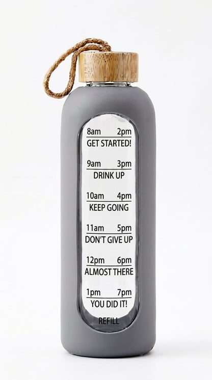 Motivational Glass Water Bottle with Hourly Time Markers—32 Oz Borosilicate Glass, Leak Proof, Eco-Friendly, Impact Resistant, Dishwasher Safe—Daily Drink Reminder with Inspirational Quotes
