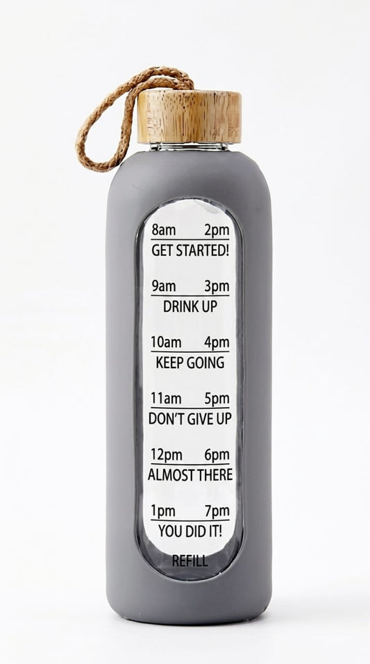 Motivational Glass Water Bottle with Hourly Time Markers—32 Oz Borosilicate Glass, Leak Proof, Eco-Friendly, Impact Resistant, Dishwasher Safe—Daily Drink Reminder with Inspirational Quotes