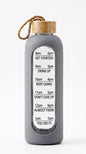 Motivational Glass Water Bottle with Hourly Time Markers—32 Oz Borosilicate Glass, Leak Proof, Eco-Friendly, Impact Resistant, Dishwasher Safe—Daily Drink Reminder with Inspirational Quotes