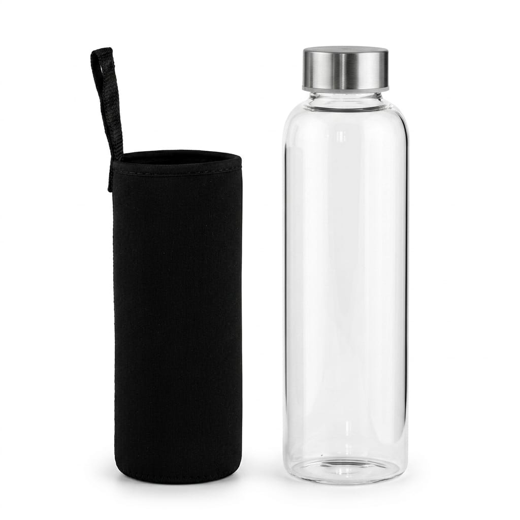 Slim Borosilicate Glass Water Bottle750ml Narrow Mouth, for Fridge and Office (with protective fabric cover)