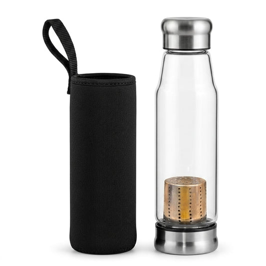 Borosilicate Glass Water Bottle with Copper Infuser, 500ml, Stainless Steel Lid, Silicone Sleeve, Heat Resistant
