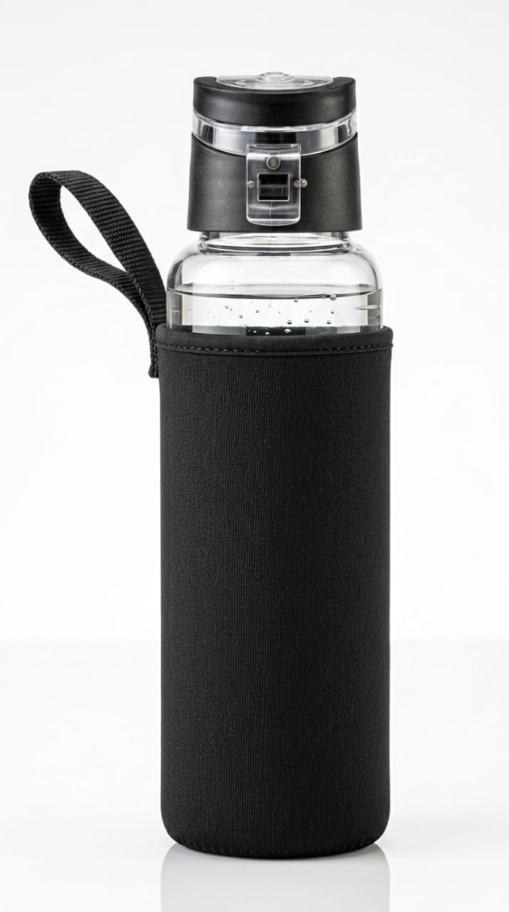 Glass Water Bottle, 500 ml, BPA-Free Borosilicate Glass, Stainless Steel Cap, Neoprene Sleeve (500 ml)