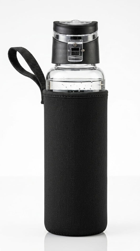 Glass Water Bottle, 500 ml, BPA-Free Borosilicate Glass, Stainless Steel Cap, Neoprene Sleeve (500 ml)