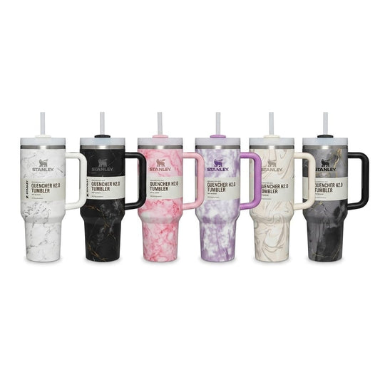Marble Stainless Steel Insulated Tumbler with Handle & Straw | Vacuum Travel Mug | Hot & Cold | 1200ml