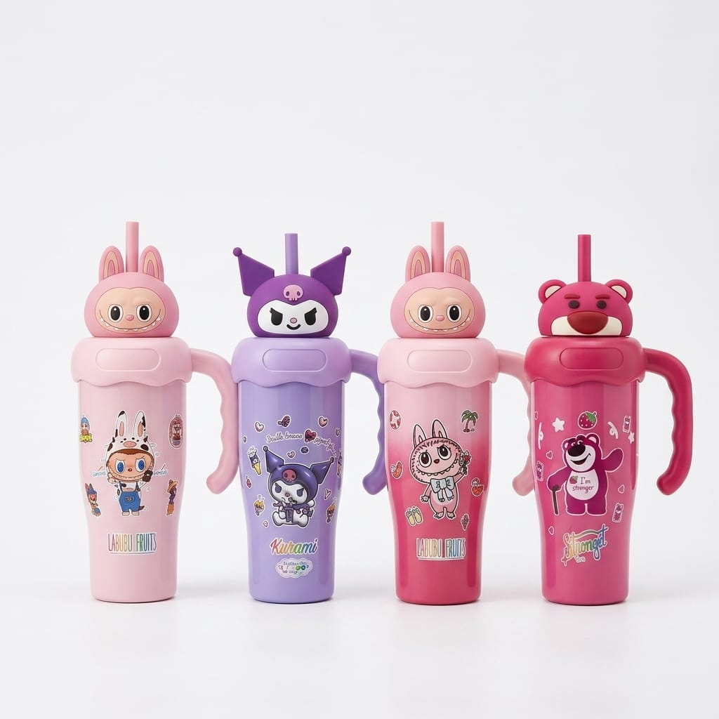 Labubu Style Kids Tumbler with Straw & Handle | Cute Cartoon Sipper Bottle | 600ml