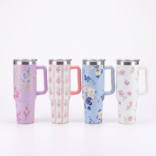Floral Stainless Steel Travel Tumbler with Handle | Vacuum Insulated Hot & Cold Cup | 1200ml