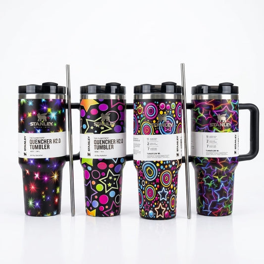 Neon Print Stainless Steel Insulated Tumbler with Handle & Straw | Vacuum Travel Mug | 1200ml